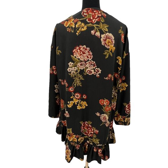 Zara Basic Floral Print Ruffle Hemline Tencel Long Sleeve Kimono M-L - Picture 2 of 10